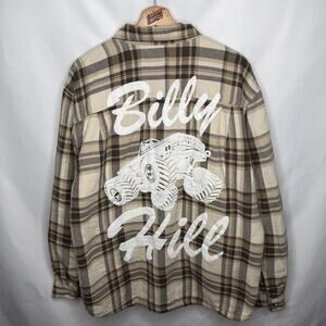 Billy Hill Monster Truck Graveyard Sherpa Plaid Flannel in Brown Tan L
